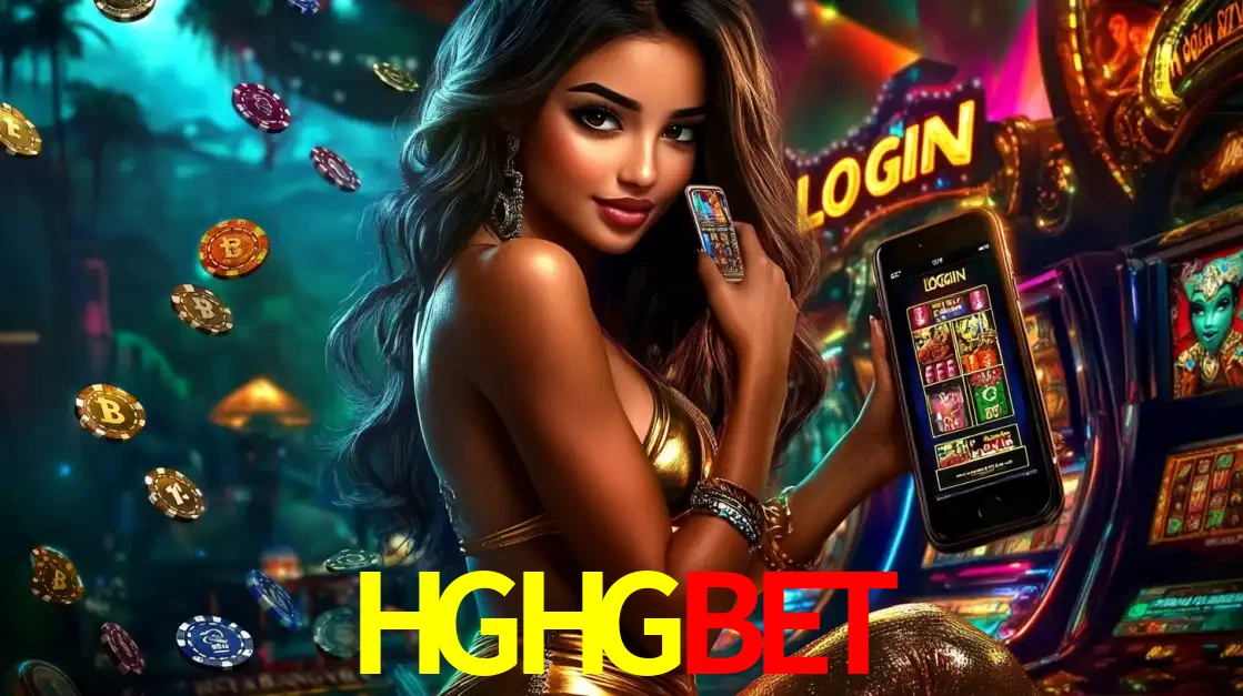 Mulher em um cenário de cassino temático de aventura, mostrando o app de caça-níqueis da HGHGBET no celular. Fichas de apostas flutuam ao redor.
