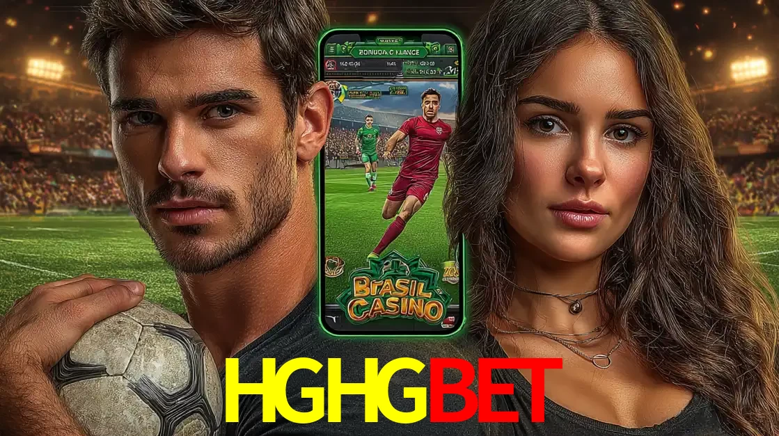Homem segurando uma bola de futebol e uma mulher ao lado de um smartphone exibindo o jogo de apostas esportivas da HGHGBET. Faça seu palpite no cassino online.